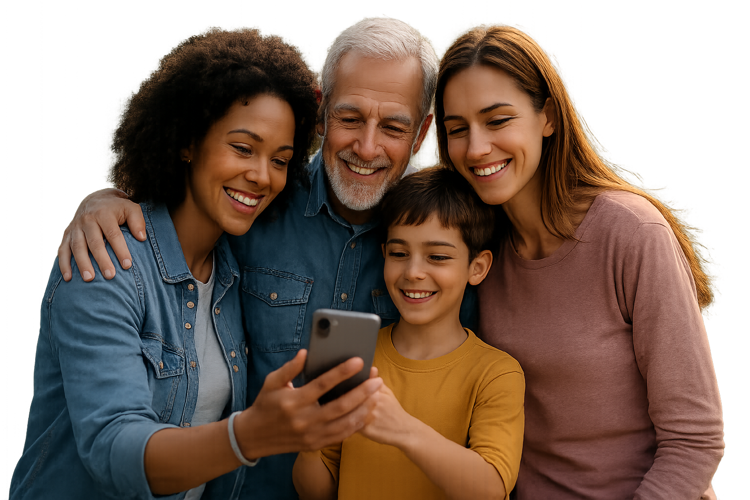 Família interagindo com celular