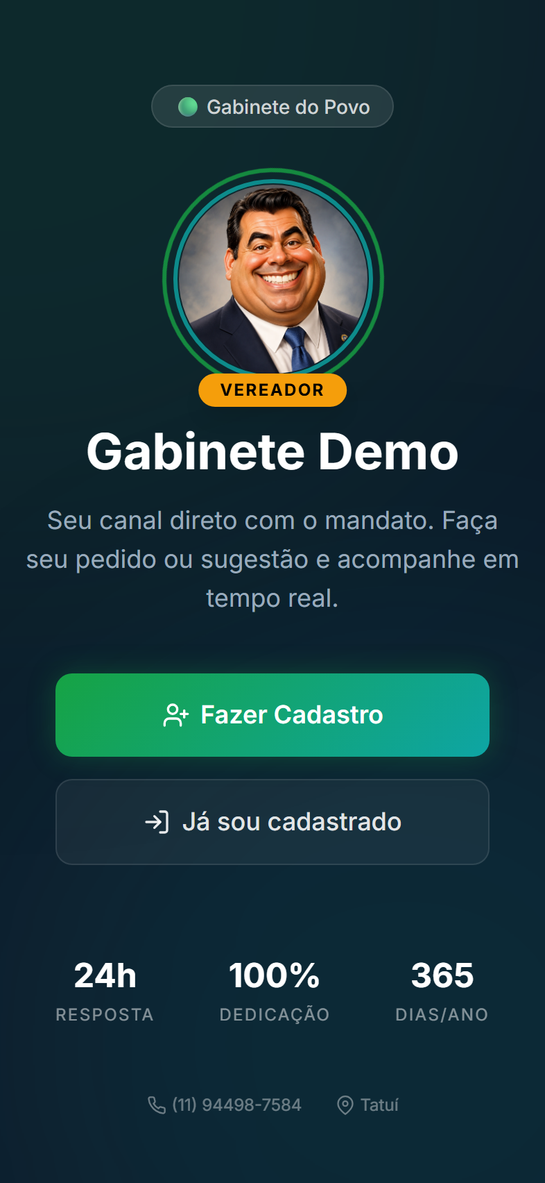 Tela inicial do portal do cidadão, com opções de cadastro e login